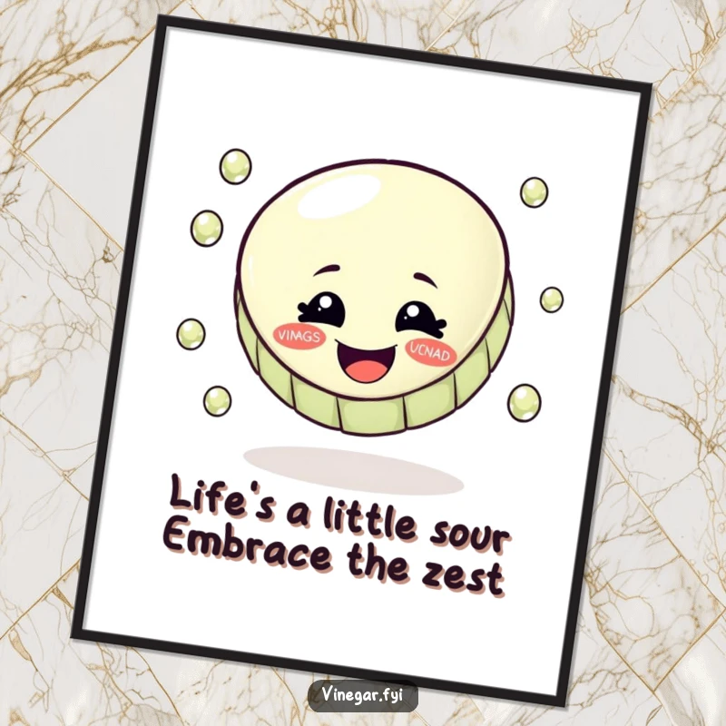 Funny free printable wall art showcasing a smiling bottle cap masterfully juggling small, shiny vinegar droplets in a playful display.