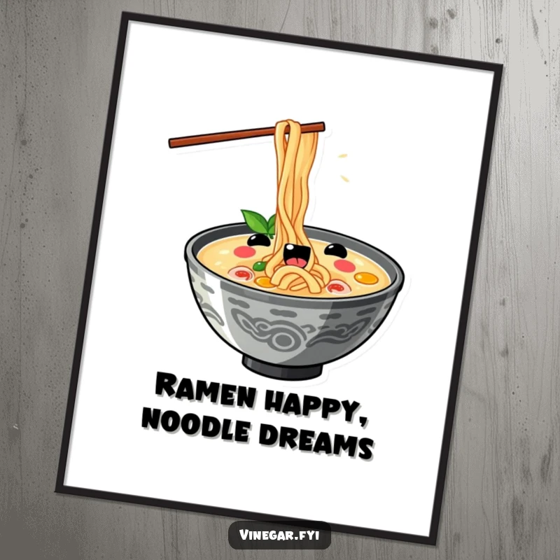 Funny Free Printable wall art: A kawaii ramen bowl slurps noodles with exaggerated delight, creating a humorous and comforting piece of art.