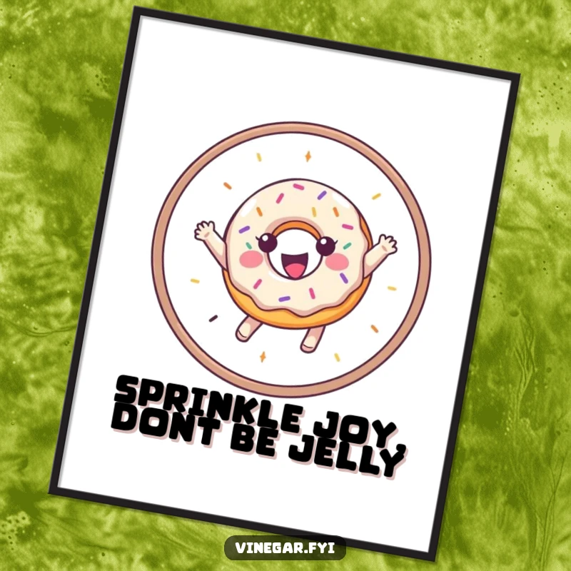 Funny Free Printable Wall Art depicting a gleeful donut with sprinkles performing an epic jump through a hoop.