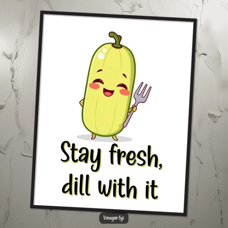 Funny Free Printable Wall Art: A giggling pickle strikes a confident pose with a tiny fork, bringing sassy and humorous charm to your decor.