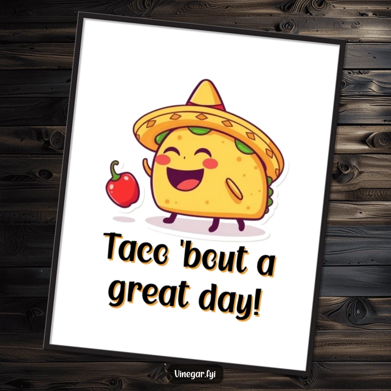 Funny Free Printable Wall Art: A laughing taco wearing a sombrero bounces a minuscule chili pepper on its head, vibrant and festive.