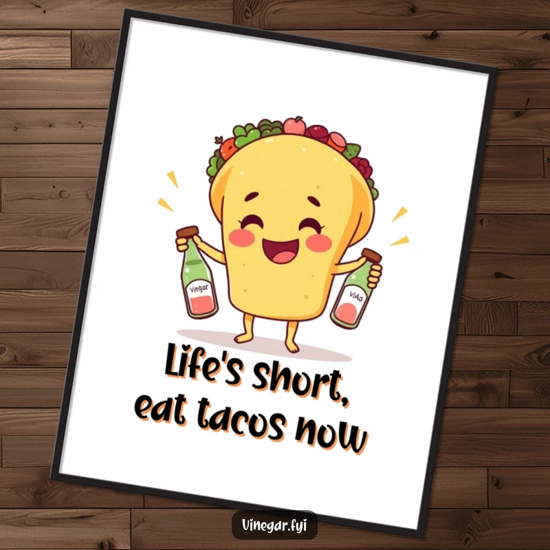 Funny Free Printable Wall Art: A happy taco impressively juggling three tiny bottles of vinegar, fun and flavorful art, downloadable.