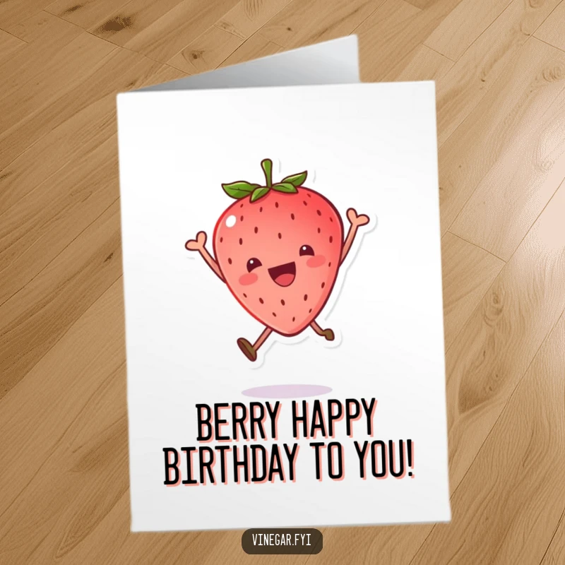 Free Printable Birthday Card: A cute kawaii strawberry leaping with pure joy, leaf cap tilted playfully for birthday wishes.