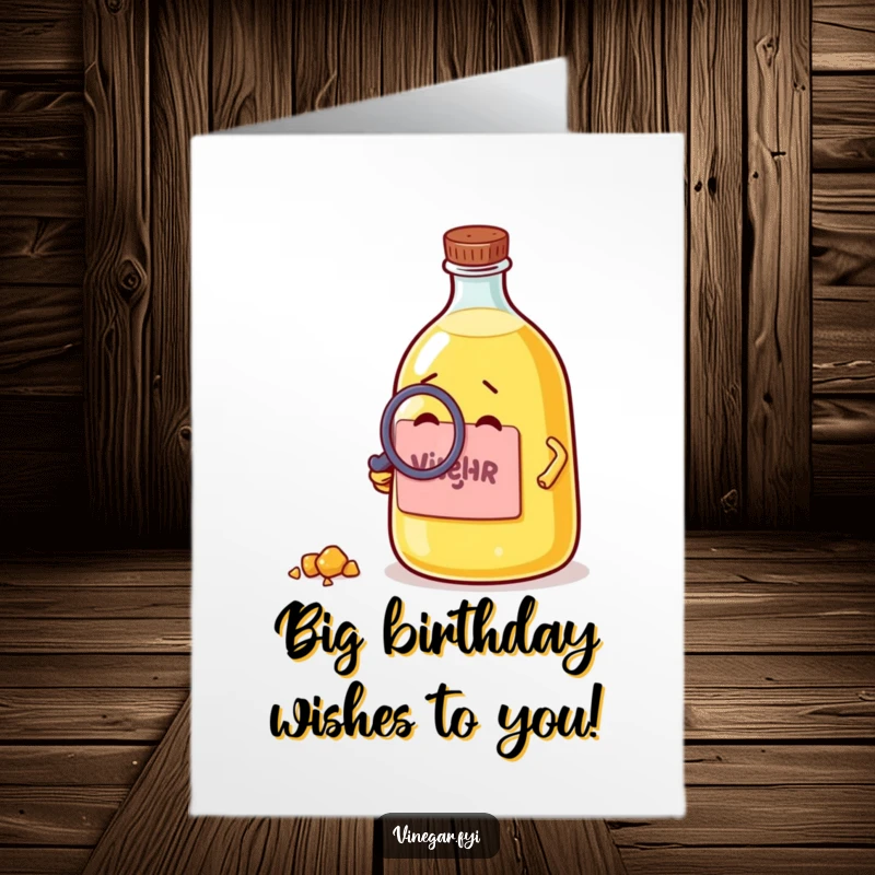 Funny Free Printable Birthday Card: A curious vinegar bottle with a magnifying glass intently examines a tiny crumb.