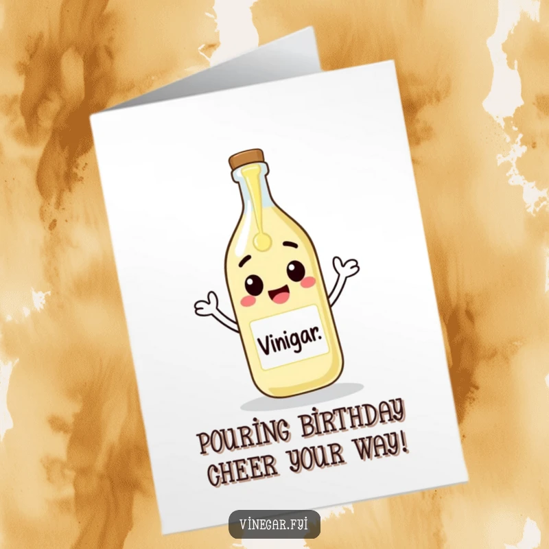 Funny Free Printable Birthday Card: A cheerful vinegar bottle enthusiastically pours itself, creating art on a blank canvas.