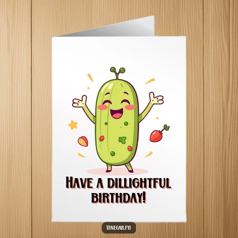 Funny Free Printable Birthday Card: A happy pickle dances joyfully with tossed salad ingredients.