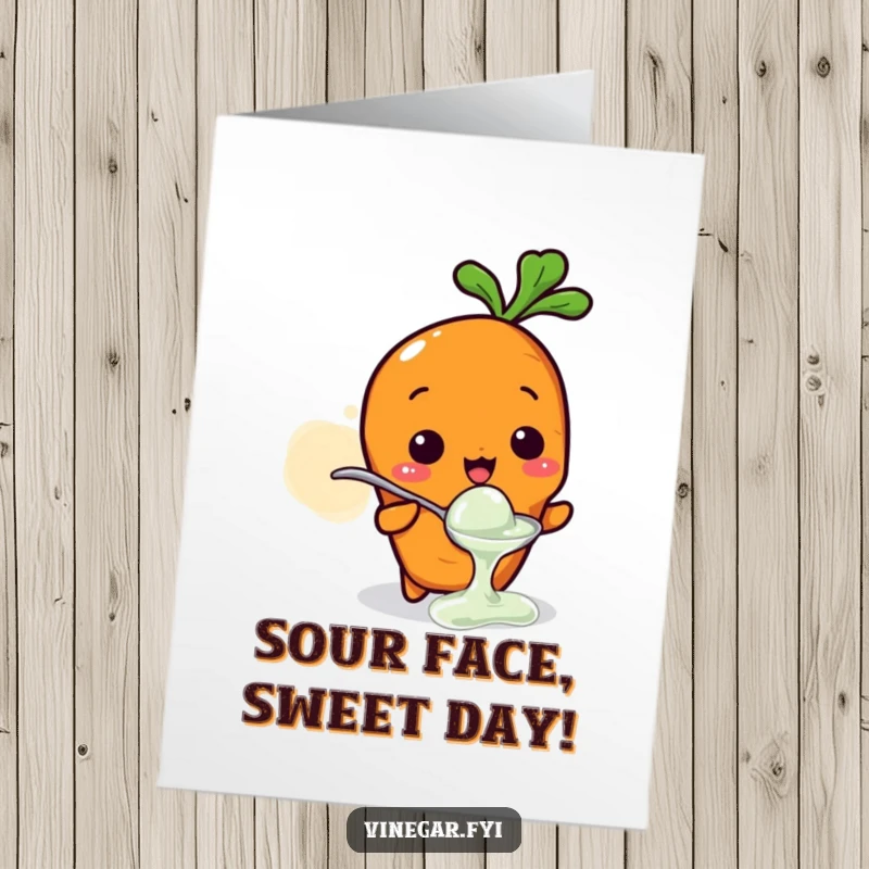 Funny Free Printable Birthday Card: Kawaii carrot contorting its face while tasting sour vinegar from a mini spoon.