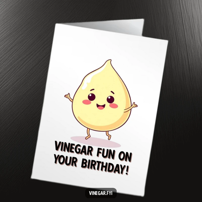 Funny Free Printable Birthday Card of a smiling, jiggly vinegar blob with tiny legs doing a happy dance. Hilarious downloadable fun.