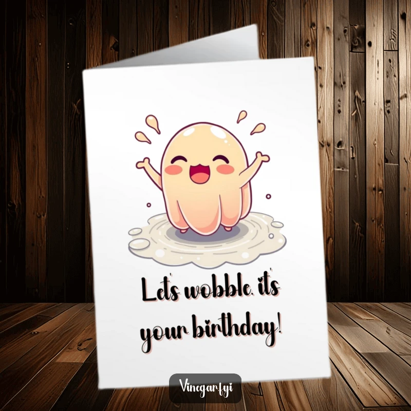 Funny Free Printable Birthday Card: A wobbly, excited jelly character bounces with glee, perfect for a fun and energetic birthday wish.