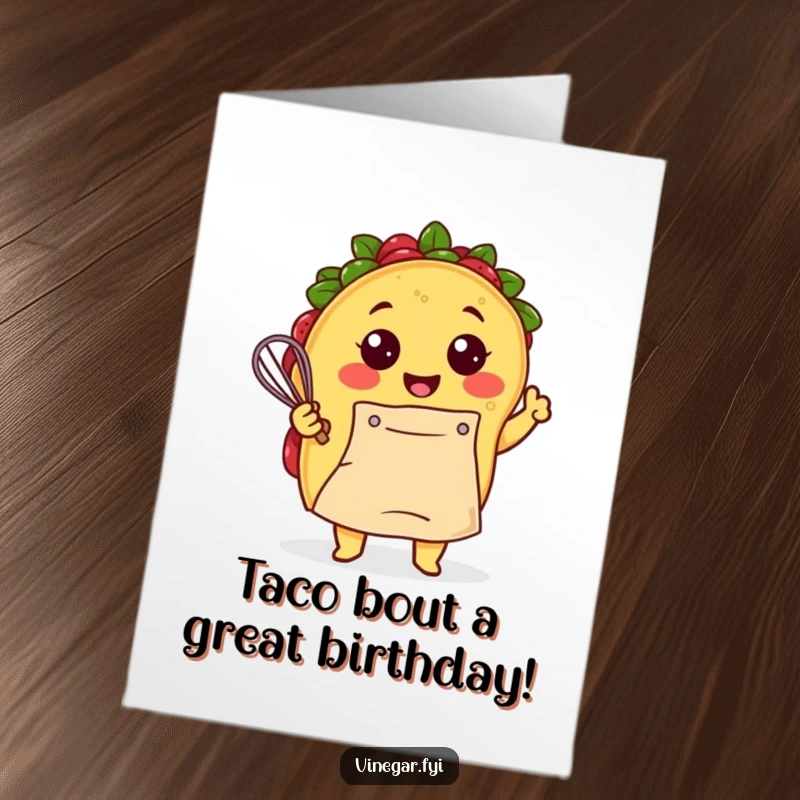 Funny Free Printable Birthday Card: A smiling Kawaii taco in an apron energetically whisks batter, ready for a fiesta of fun.