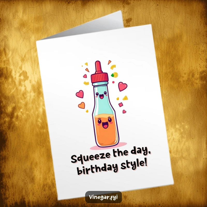 Funny Free Printable Birthday Card: An excited condiment squeeze bottle sprays a rainbow of colorful shapes, celebrating with excitement.