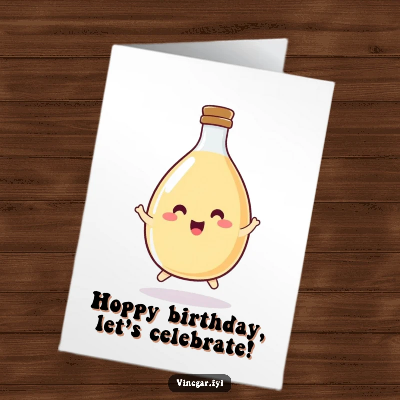 Funny Free Printable birthday card featuring a happy, round vinegar bottle doing a little joyful hop.