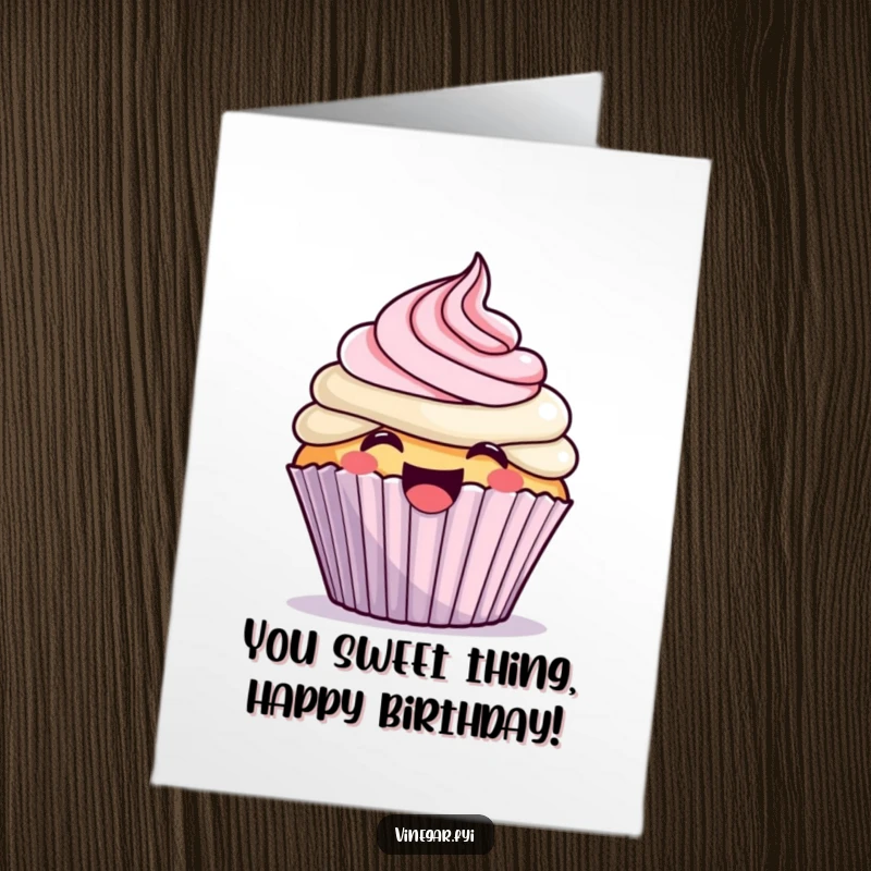 Funny Free Printable birthday card: A kawaii cupcake joyfully frosts itself with a giggle, celebrating a sweet occasion.