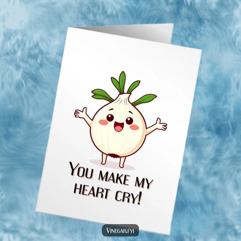 Funny Free Printable Birthday Card: Excited Kawaii onion with arms wide, holding a recipe, ready for a birthday feast.