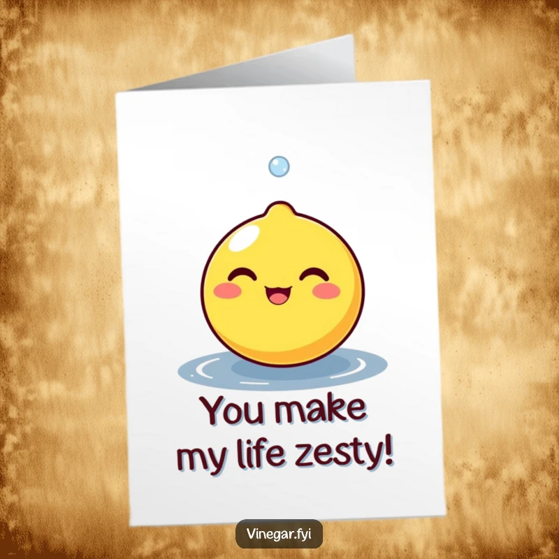 Funny Free Printable Lemon Birthday Card: Round lemon character with a delightful beam as a tiny droplet bounces off its surface.