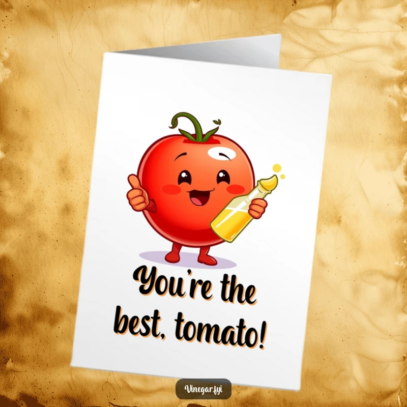 Funny Free Printable Birthday Card: Cherry tomato character gives thumbs up, holding vinegar, signaling a great birthday celebration.