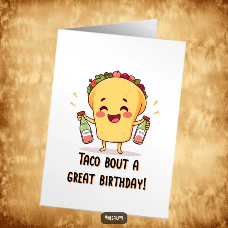 Funny Free Printable Birthday Card: A happy taco impressively juggling three tiny bottles of vinegar, a festive DIY greeting.