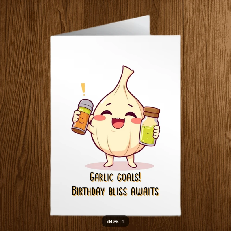 Funny free printable garlic birthday card featuring a giggling garlic clove holding a vinaigrette shaker, ready to add zest to celebrations.