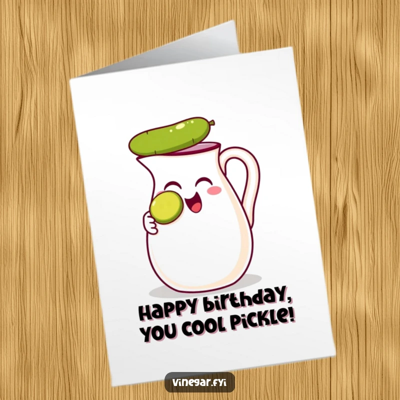 Funny Free Printable Birthday Card: A thrilled vinegar jug precariously balances a tiny pickle slice on its nose, beaming.