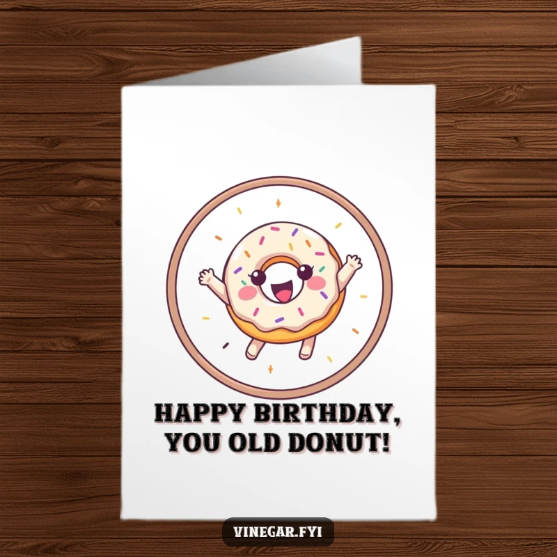 Funny Free Printable Birthday Card showing a gleeful donut with colorful sprinkles leaping through a golden hoop.