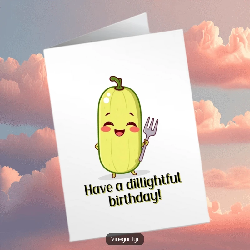 Funny Free Printable Birthday Card: A giggling pickle strikes a confident pose with a tiny fork, ready to celebrate a birthday in style.