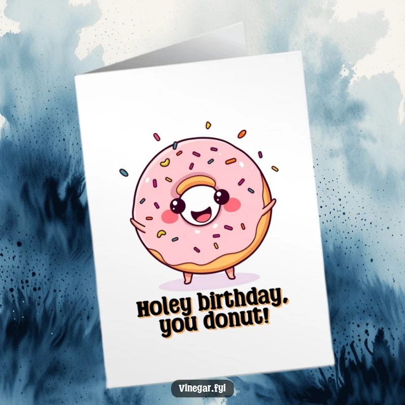 Free Printable Birthday Card: A beaming kawaii donut enthusiastically juggling colorful sprinkles for a joy-filled birthday.