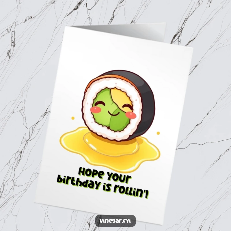 Funny Free Printable Birthday Card: A smiling sushi roll comically slipping on spilled vinegar, hilarious mishap, DIY greeting.