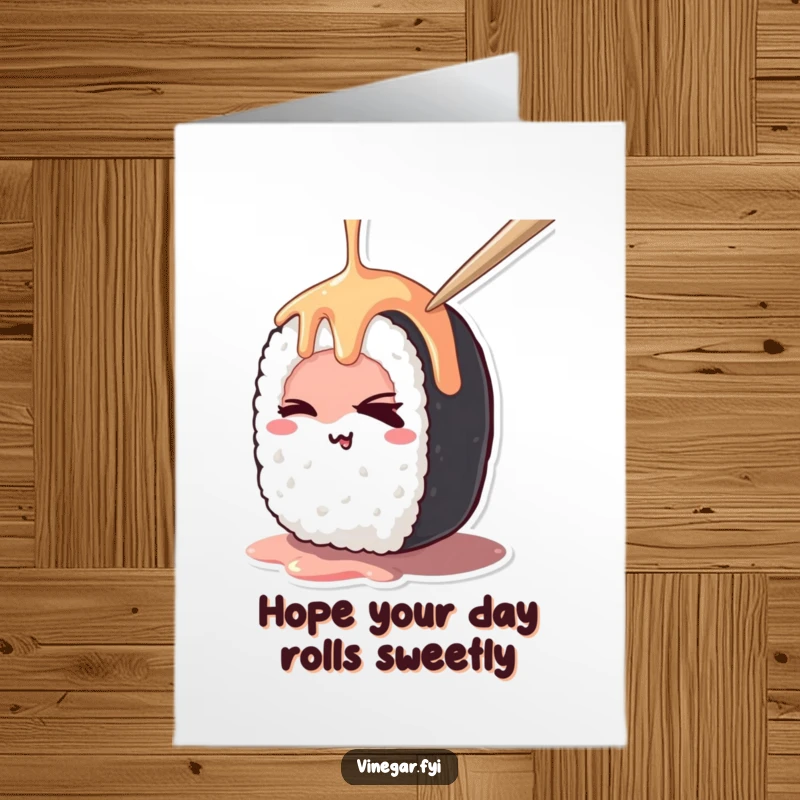 Funny Free Printable birthday card: A kawaii sushi roll mischievously winks as it's drizzled, perfect for a playful birthday wish.