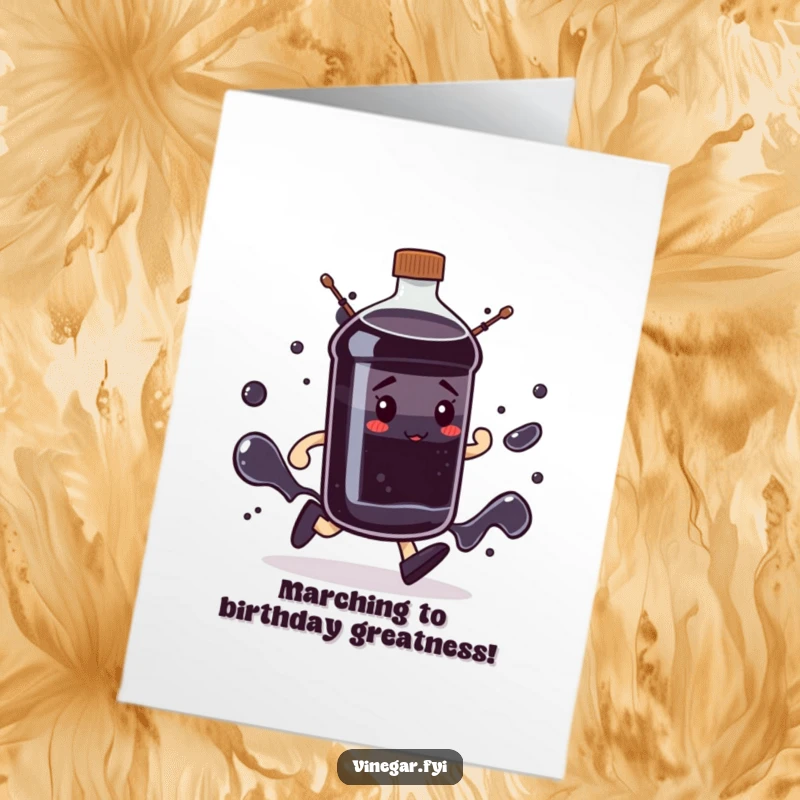 Funny Free Printable birthday card featuring a determined bottle of dark liquid marching forward with purpose.