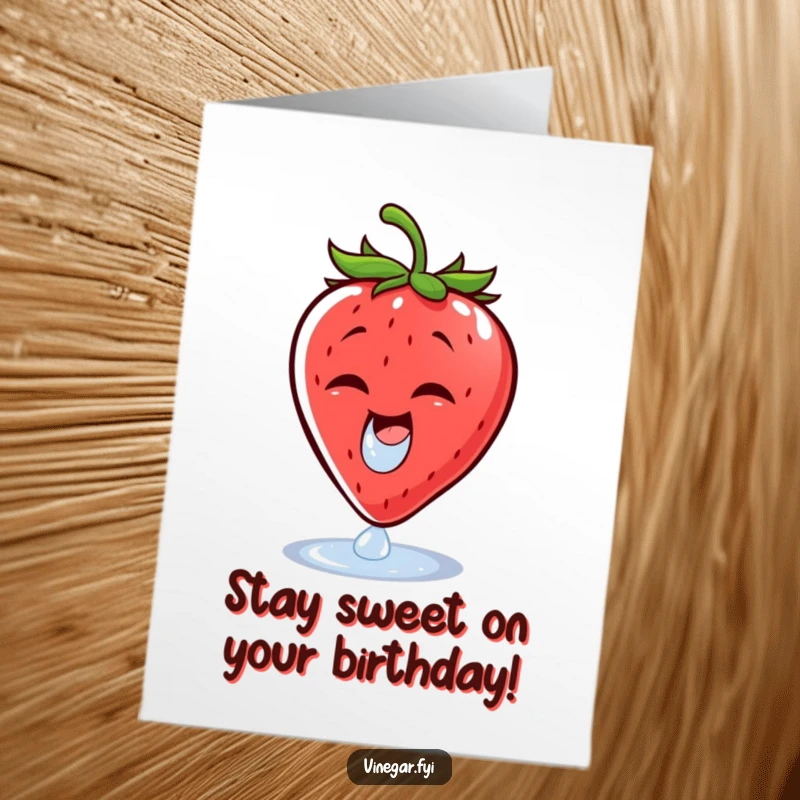 Funny Free Printable Birthday Card: A cheerful strawberry wincing as a vinegar droplet lands, a comical reaction, DIY greeting.