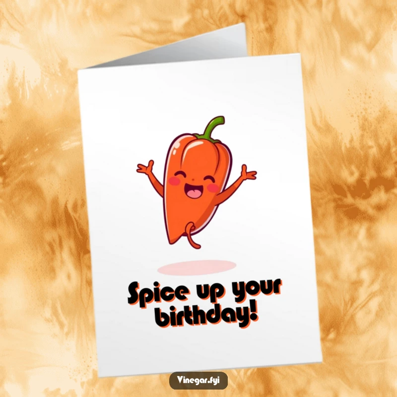 Funny Free Printable Birthday Card: Joyful Kawaii pepper doing a cartwheel with zest, celebrating a birthday in style.