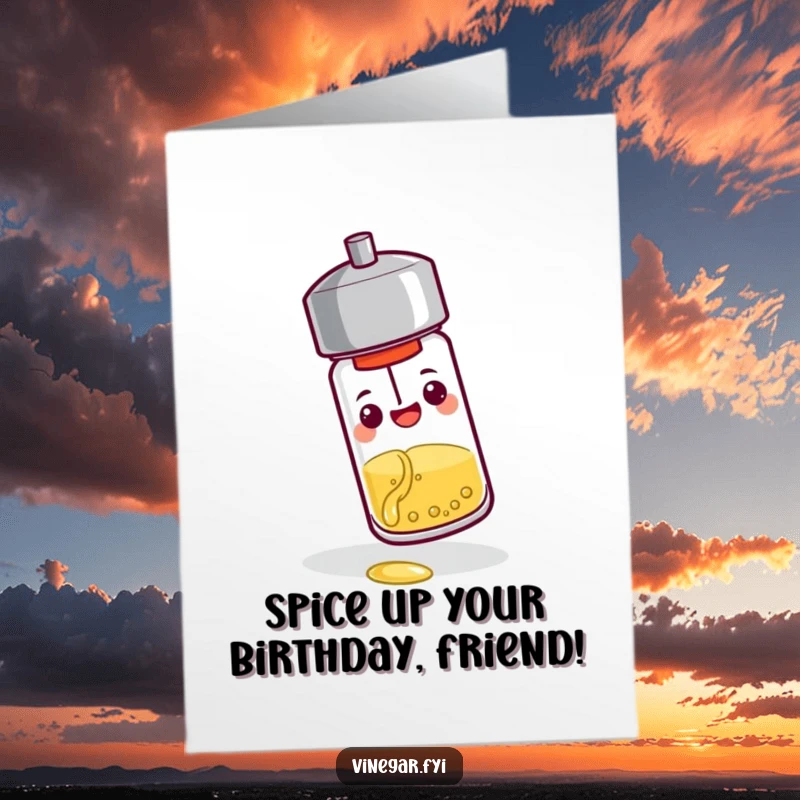 Funny free printable birthday card: A cheerful pepper shaker tips over, pouring a tiny stream of vinegar.