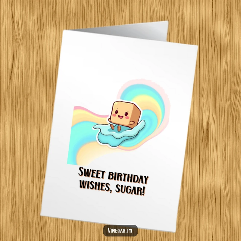 Funny Free Printable Birthday Card: a smiling brown sugar cube character with tiny legs happily sliding down a colorful liquid wave, full of joy.