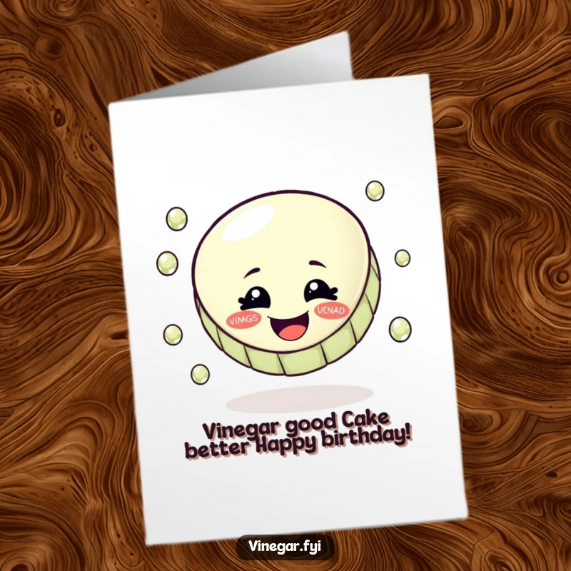 Funny free printable birthday card featuring a cheerful bottle cap expertly juggling tiny, sparkling vinegar droplets, ready to bring joy.