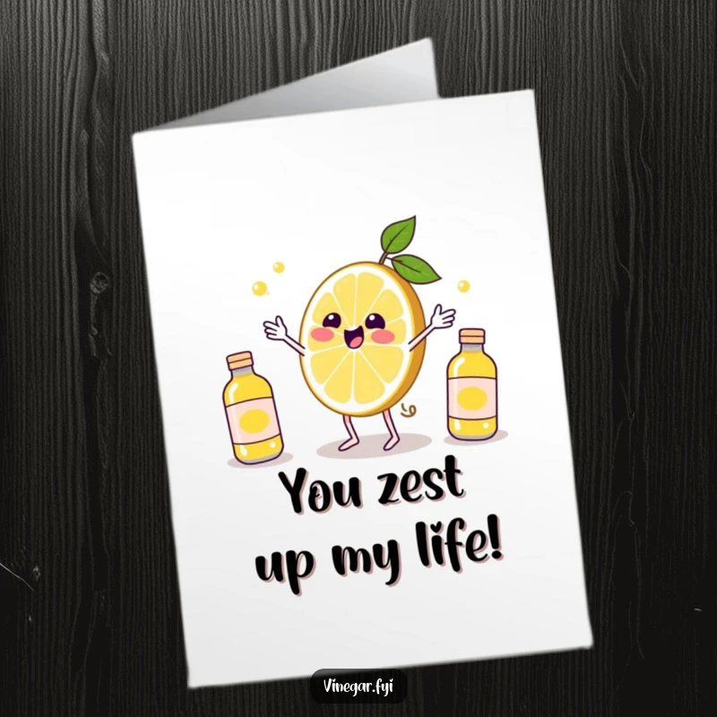 Funny Free Printable Birthday Card: A delighted Kawaii lemon slice expertly juggles tiny vinegar bottles, adding zest to the party.