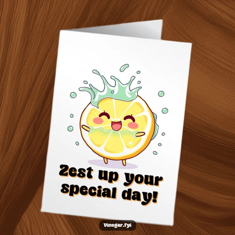 Funny free printable lemon birthday card with a happy lemon slice character playfully splashing vinegar for a zesty celebration.