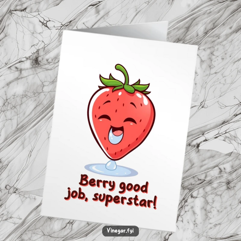 Funny Free Printable Congratulations Card: A cheerful strawberry wincing as a vinegar droplet lands, a humorous win, downloadable art.