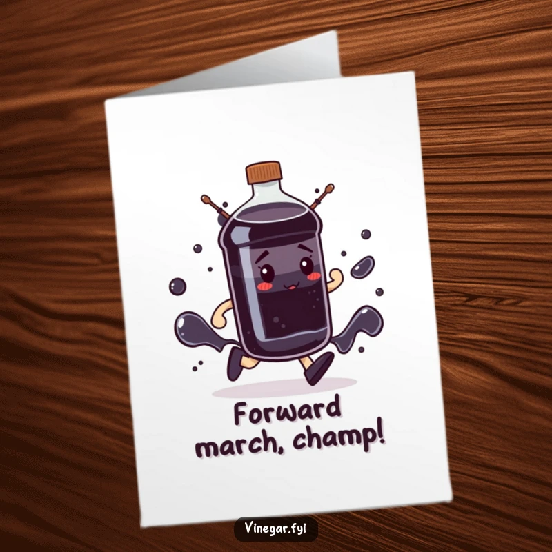 Funny Free Printable congratulations card showing a determined bottle of dark liquid marching towards success.