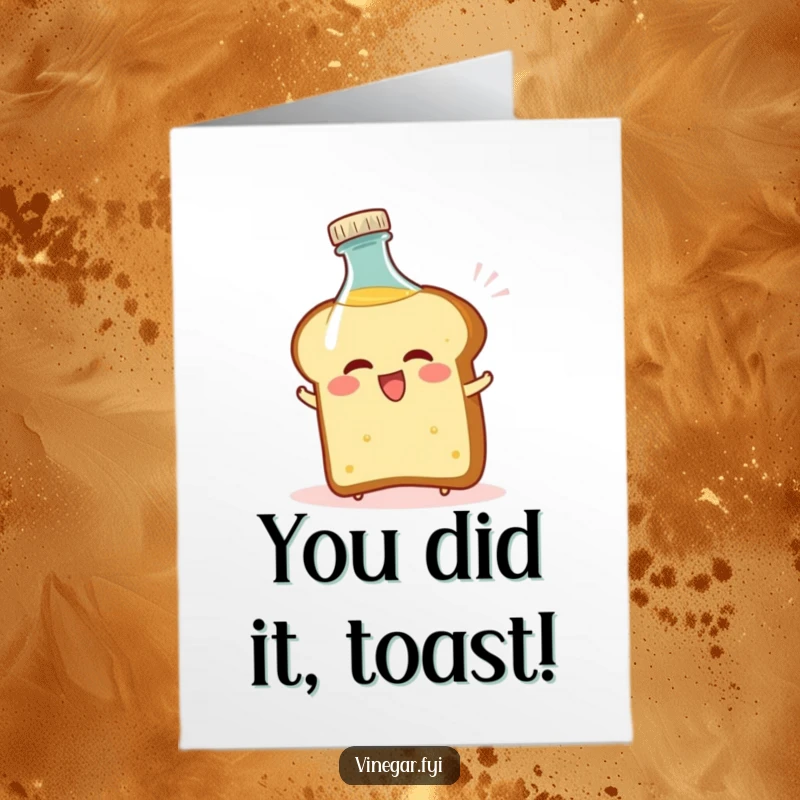 Funny free printable congratulations card depicting a bread slice comically recoiling from a vinegar bottle, symbolizing an unexpected, amusing reaction.