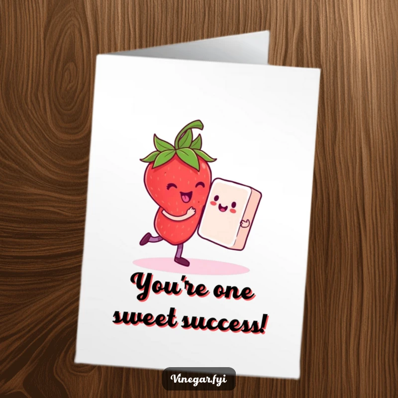 Funny Free Printable Congratulations Card: A happy strawberry elegantly dances with a sugar cube partner, celebrating a sweet victory with joy.