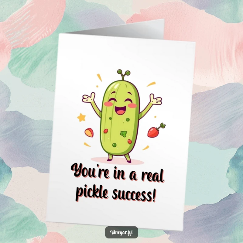 Funny Free Printable Congratulations Card: A jubilant pickle dances enthusiastically with salad ingredients.