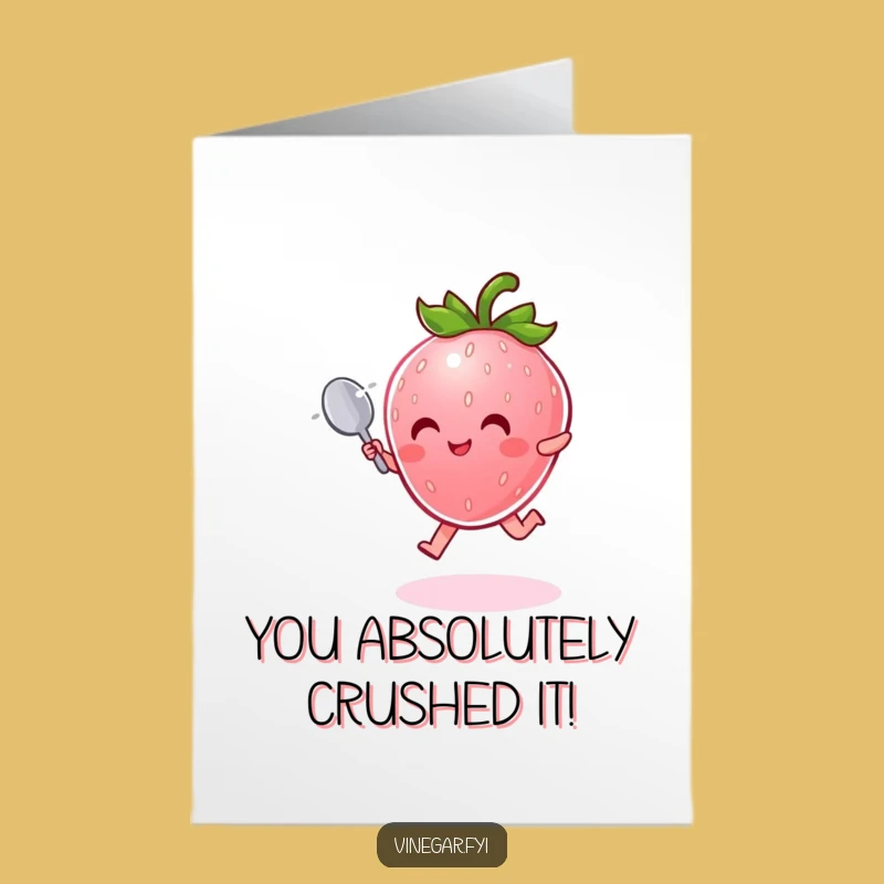 Free Printable Congrats Card: Funny Strawberry Spoon Leap - Downloadable Celebration