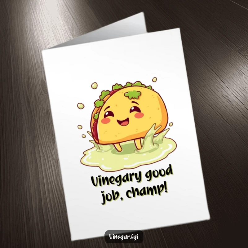 Funny free printable congratulations card: A beaming taco with legs gleefully splashes in a vinegar puddle.