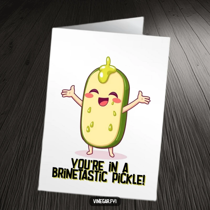 Funny Free Printable Congratulations Card showing a giggling pickle slice catching vinegar drips. Hilarious downloadable achievement.