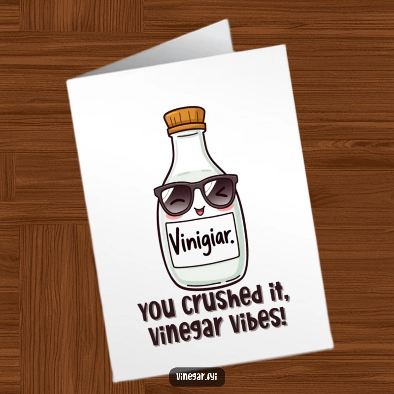 Funny Free Printable Congratulations Card: A mischievous vinegar bottle in sunglasses winks, celebrating your awesome win.
