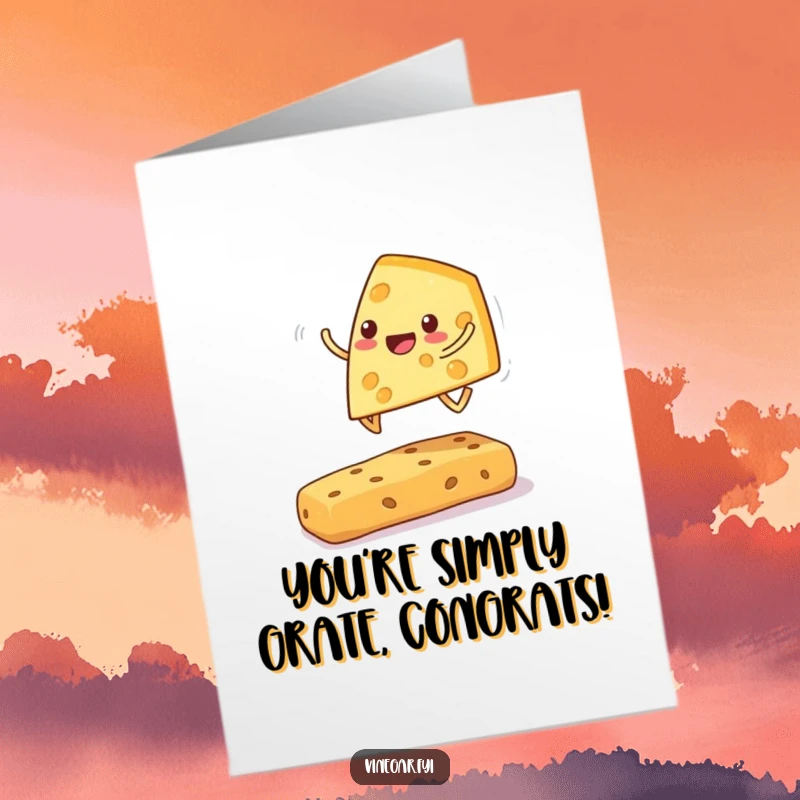 Funny Free Printable Congratulations Card: A cheerful cheese wedge playing leapfrog over a cracker, celebrating your success.