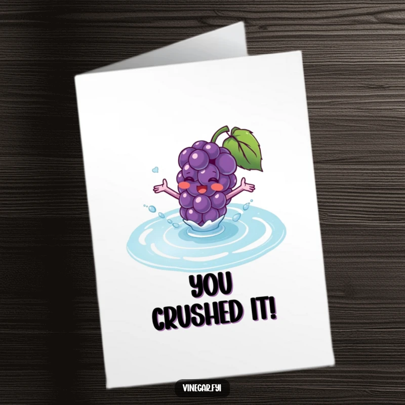 Funny Free Printable Congrats Card: Purple grape character splashes into fluid, celebrating achievement.