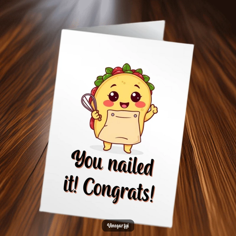 Funny Free Printable Congratulations Card: A smiling Kawaii taco with an apron energetically whisks batter, celebrating a tasty victory.