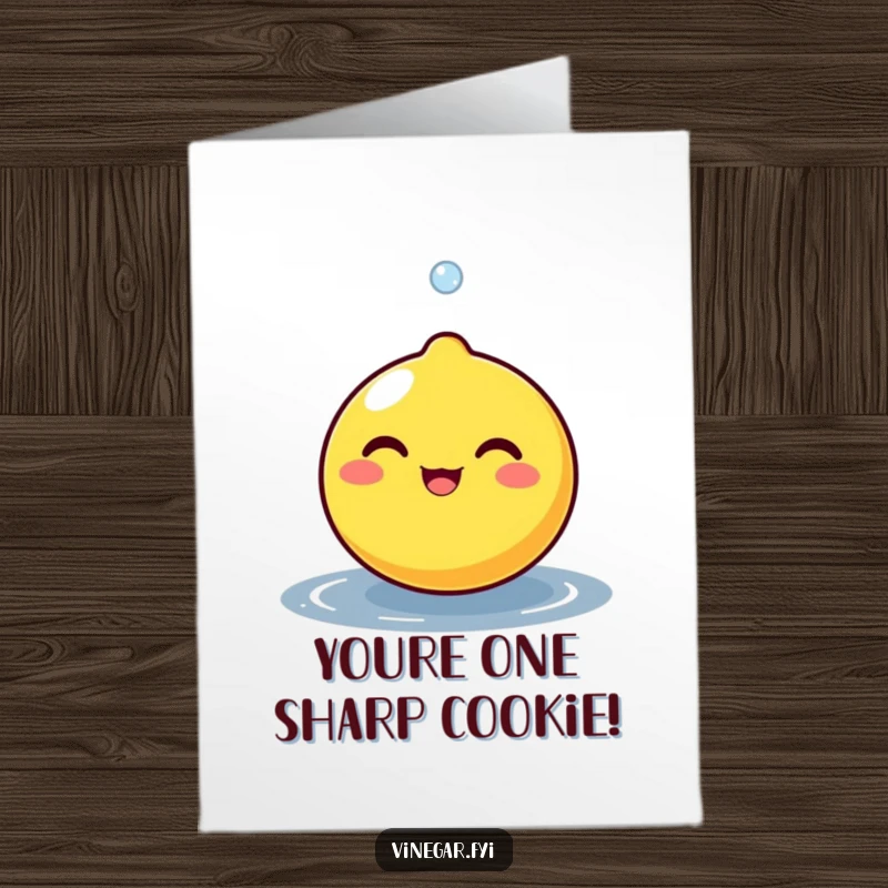 Funny Free Printable Lemon Congratulations Card: Round lemon character beaming joyfully as a tiny droplet bounces off its surface, celebrating success.