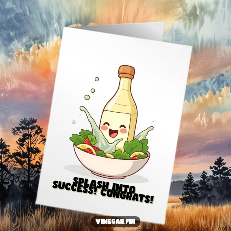 Funny Free Printable Congrats Card: A smiling vinegar bottle playfully splashes into a salad bowl. Celebratory DIY.